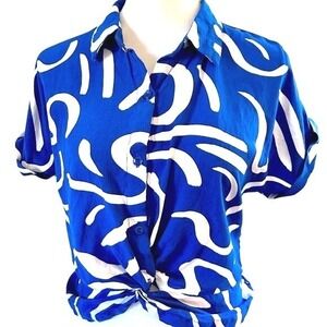 Sunburst Kiss Blue White Abstract Print Front Tie Smocked Crop‎ Top Large